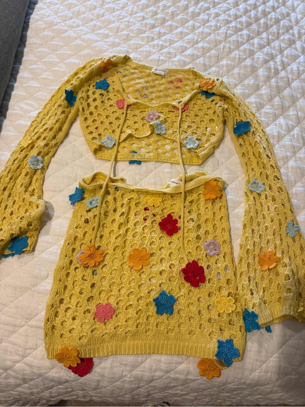 Lovers + Friends Yellow Crochet Floral Swim Coverup Set (M top, S bottom)